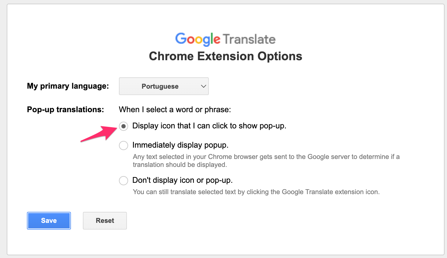 Configurar para selecionar + botão de tradução.